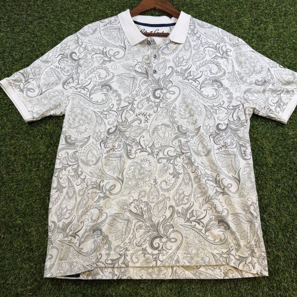 Robert Graham Mens Classic Fit Paisley Floral Polo Shirt White Grey Large